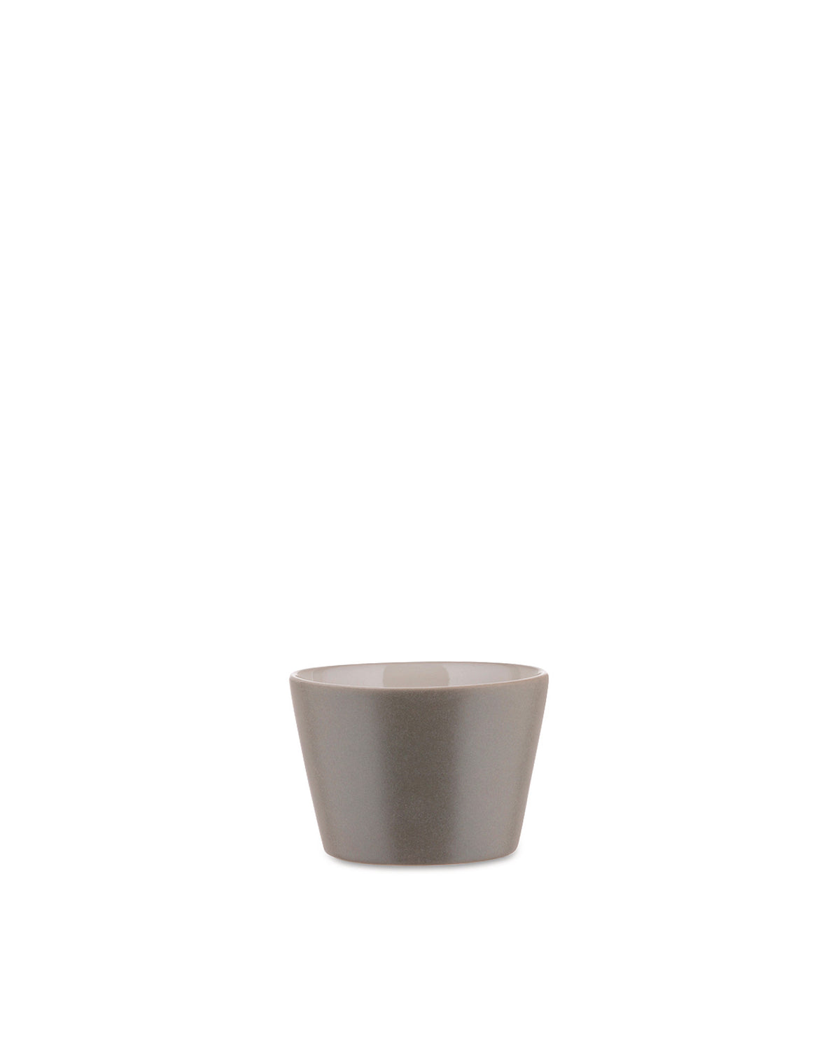 Small taupe bowl by Alessi, featuring a conical shape, wider rim, and light beige interior.