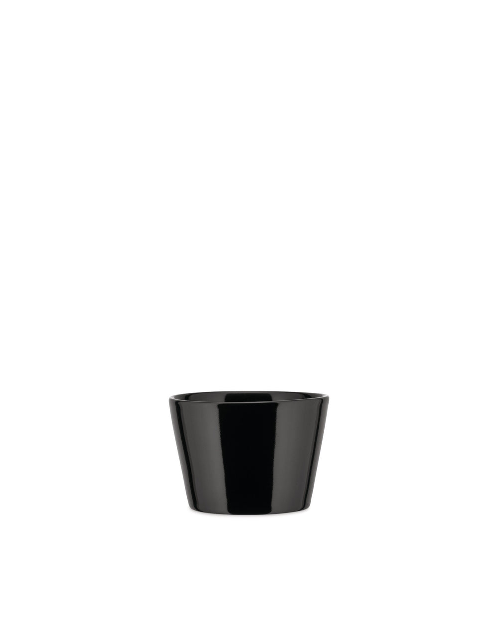Black tapered cup by Alessi with a glossy finish, isolated on white.