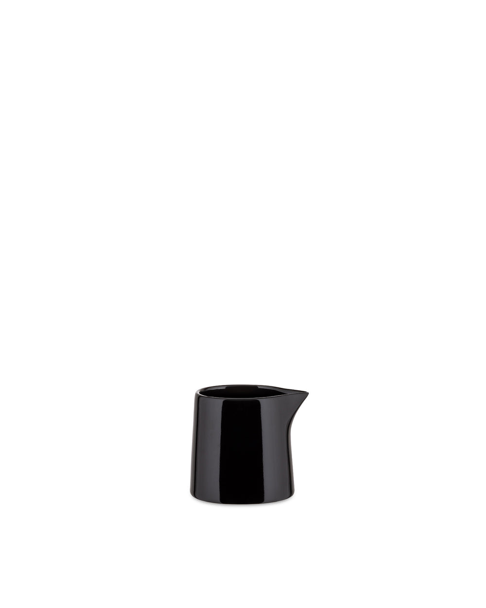 Small black glossy pitcher by Alessi, with a minimalist design and a short spout.