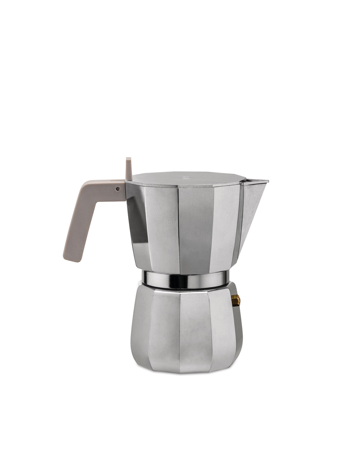 Silver aluminum moka pot by Alessi with a light grey handle and octagonal body.