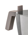 Taupe-handled metallic moka pot by Alessi with a hexagonal body, shown in a close-up side view.