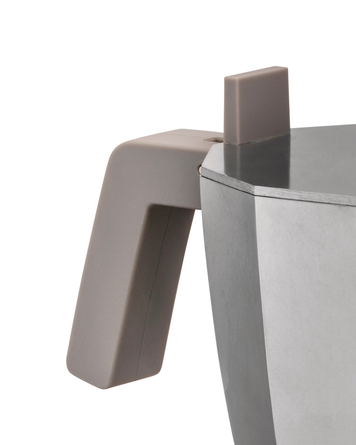 Silver moka pot with taupe handle by Alessi, showing the top portion and a rectangular lid knob.