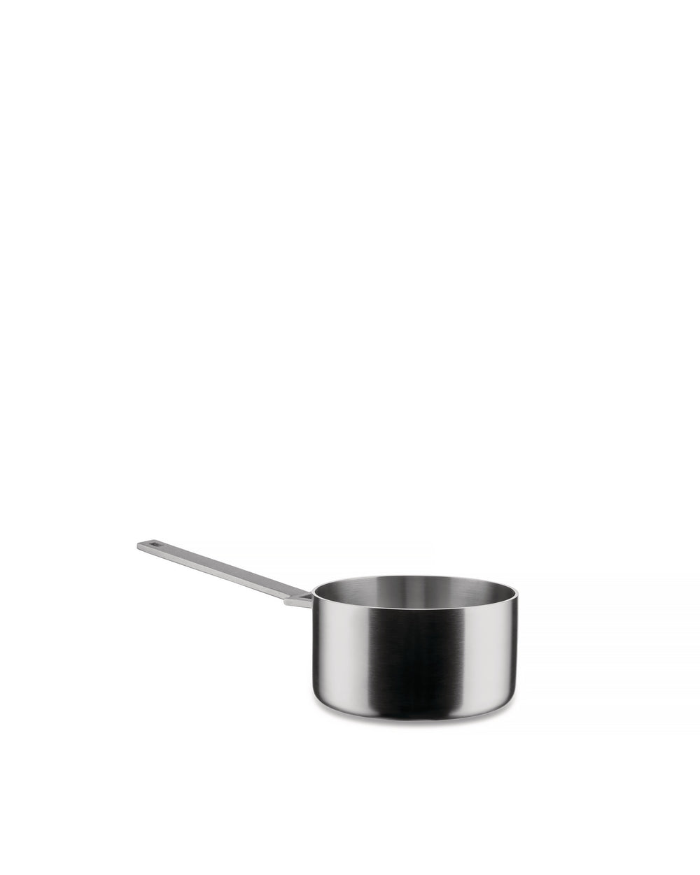Stainless steel pot by Alessi with a long, flat handle and brushed finish, viewed from the side.