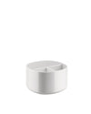 White oval desk organizer by Alessi with a segmented interior and glossy finish.