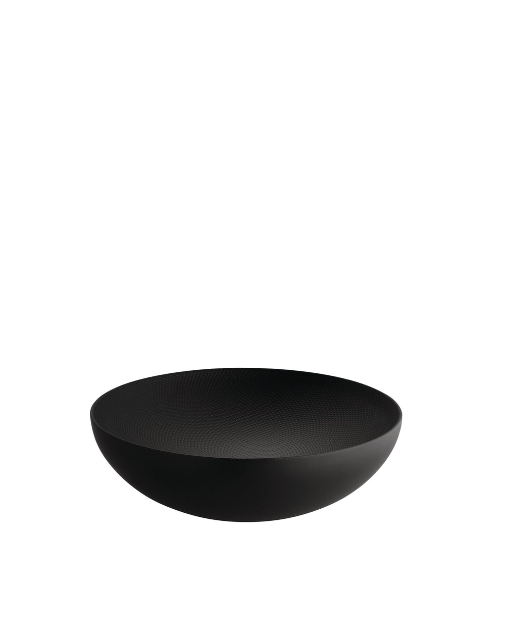 Black bowl by Alessi with a textured interior and smooth exterior, presented at an angle.