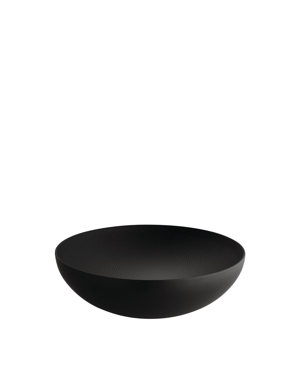 Black bowl by Alessi with a textured interior and smooth exterior, presented at an angle.