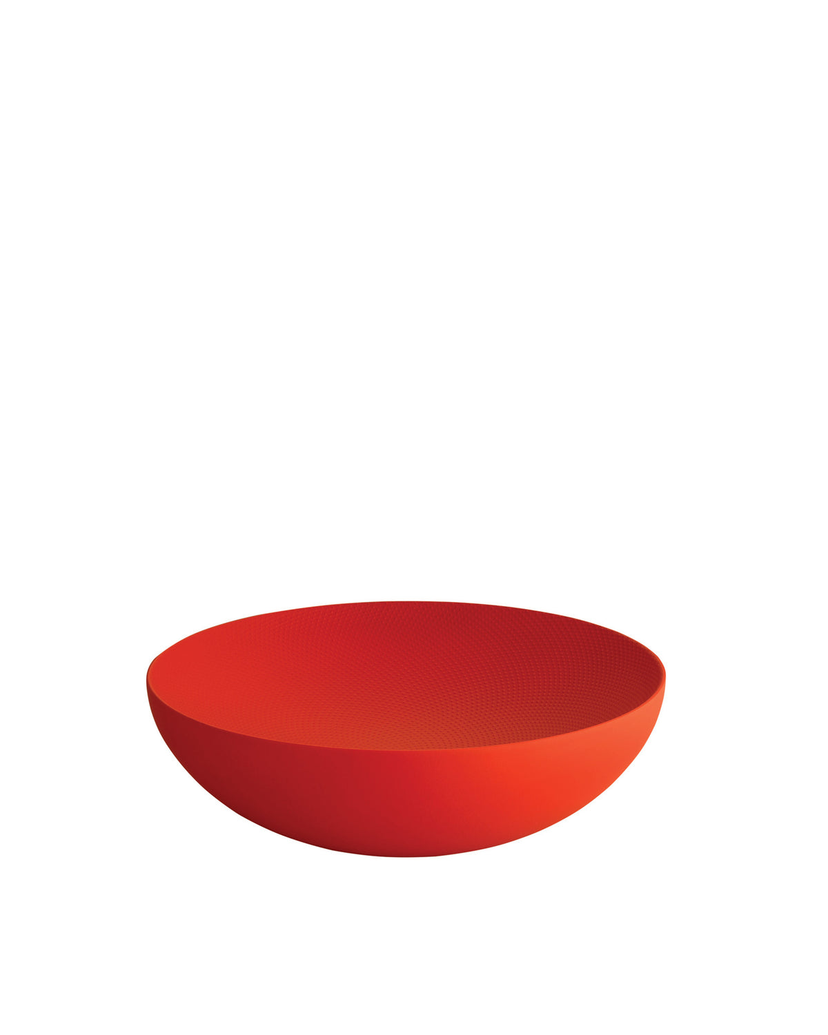 Red textured bowl by Alessi, featuring a shallow half-sphere design and dotted interior.