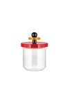 Clear glass storage jar by Alessi, featuring a red, yellow, and black stacked lid design.
