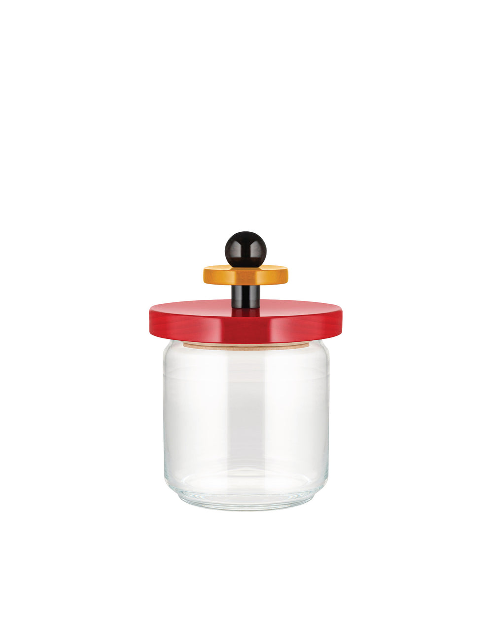 Clear glass storage jar by Alessi, featuring a red, yellow, and black stacked lid design.