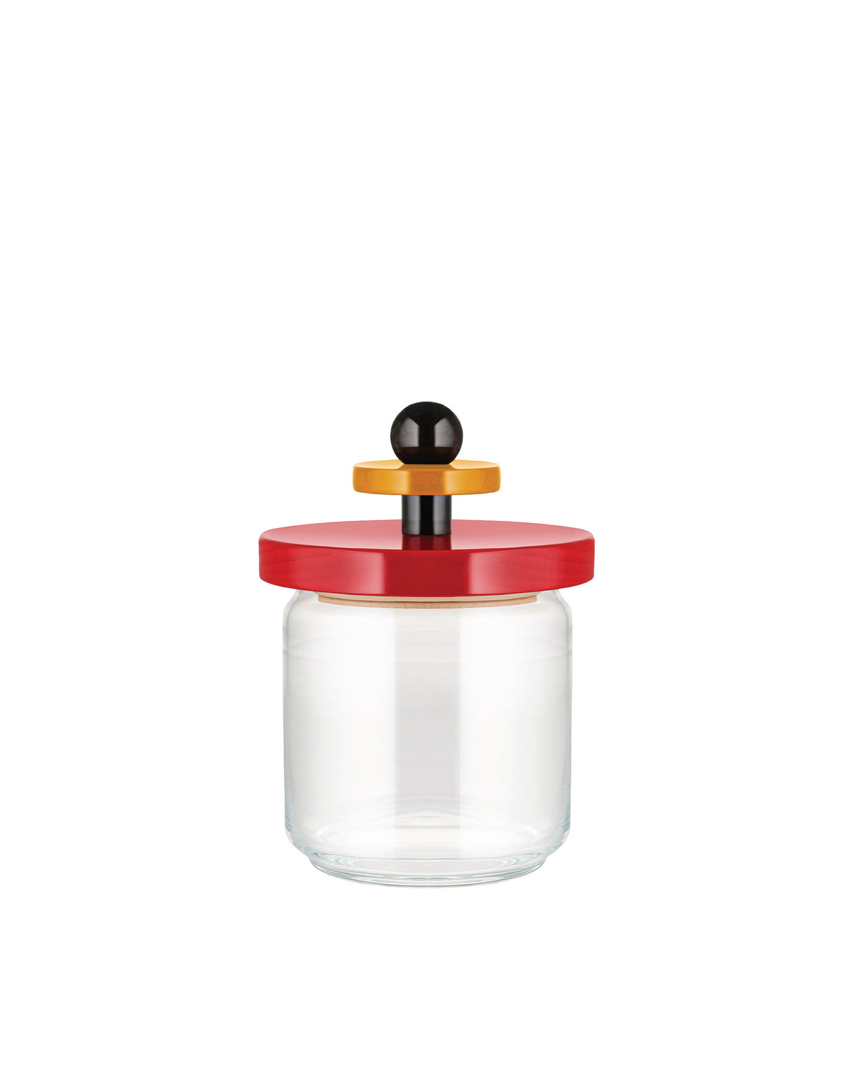 Clear glass storage jar by Alessi, featuring a red, yellow, and black stacked lid design.