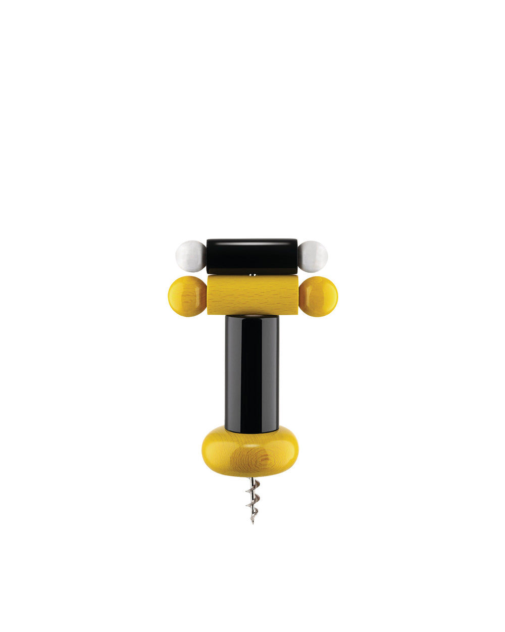 Multi-colored abstract corkscrew by Alessi, with a stacked design of black, yellow wood, and white spherical and cylindrical shapes.