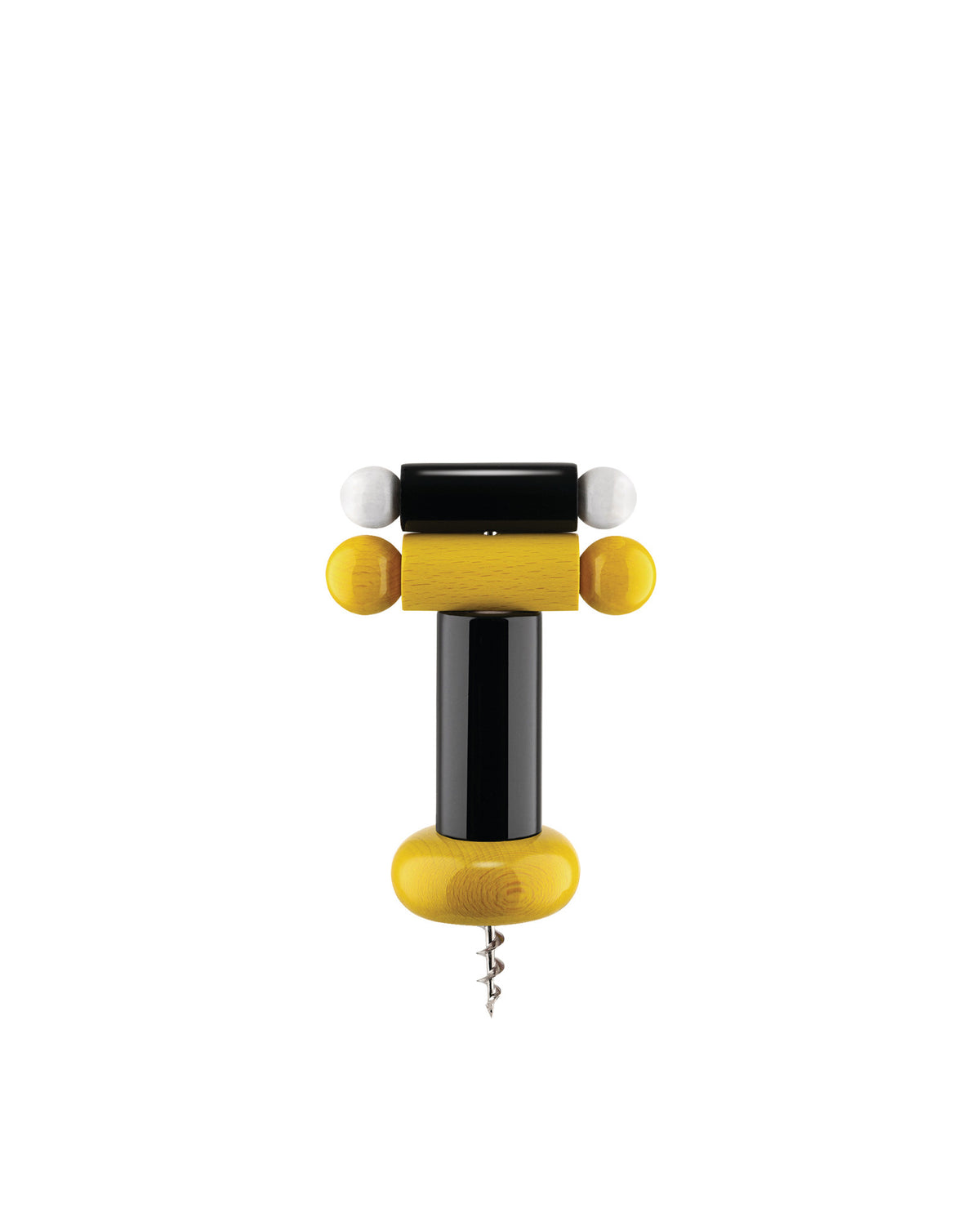 Multi-colored abstract corkscrew by Alessi, with a stacked design of black, yellow wood, and white spherical and cylindrical shapes.