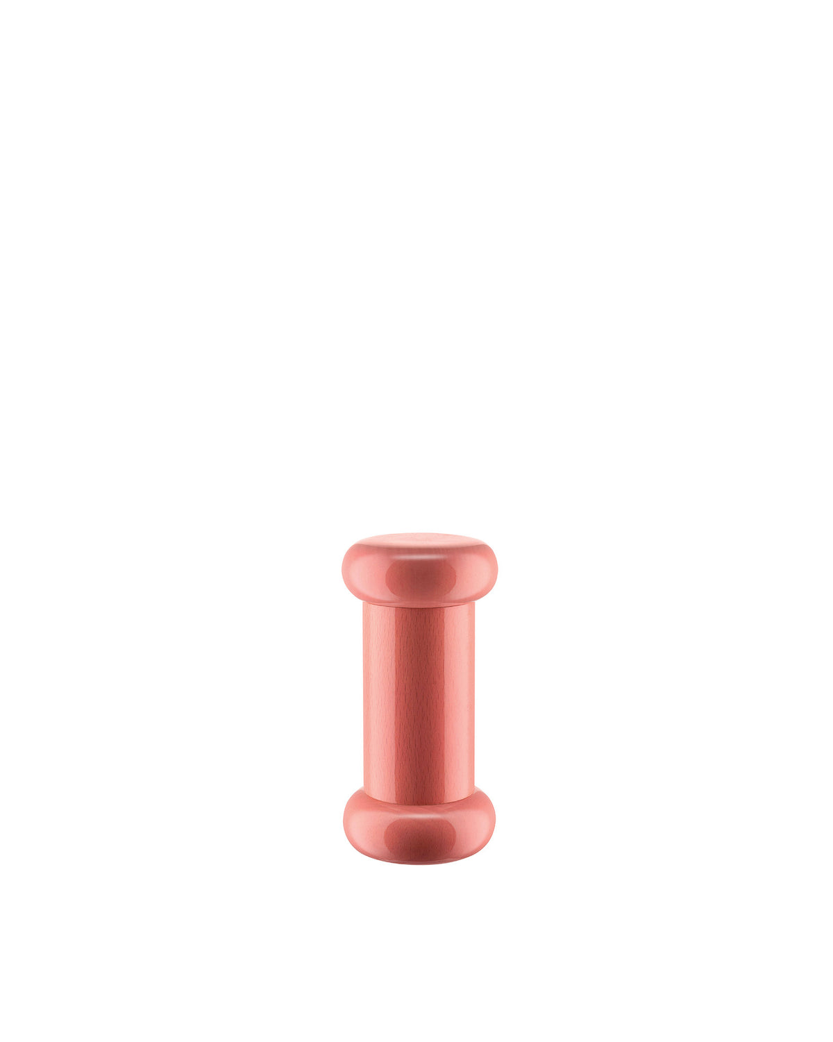 Pinkish-red wooden pepper mill by Alessi, with a cylindrical shape and visible wood grain.