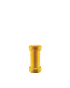 Yellow wooden bobbin-shaped object by Alessi with a smooth finish and subtle wood grain.