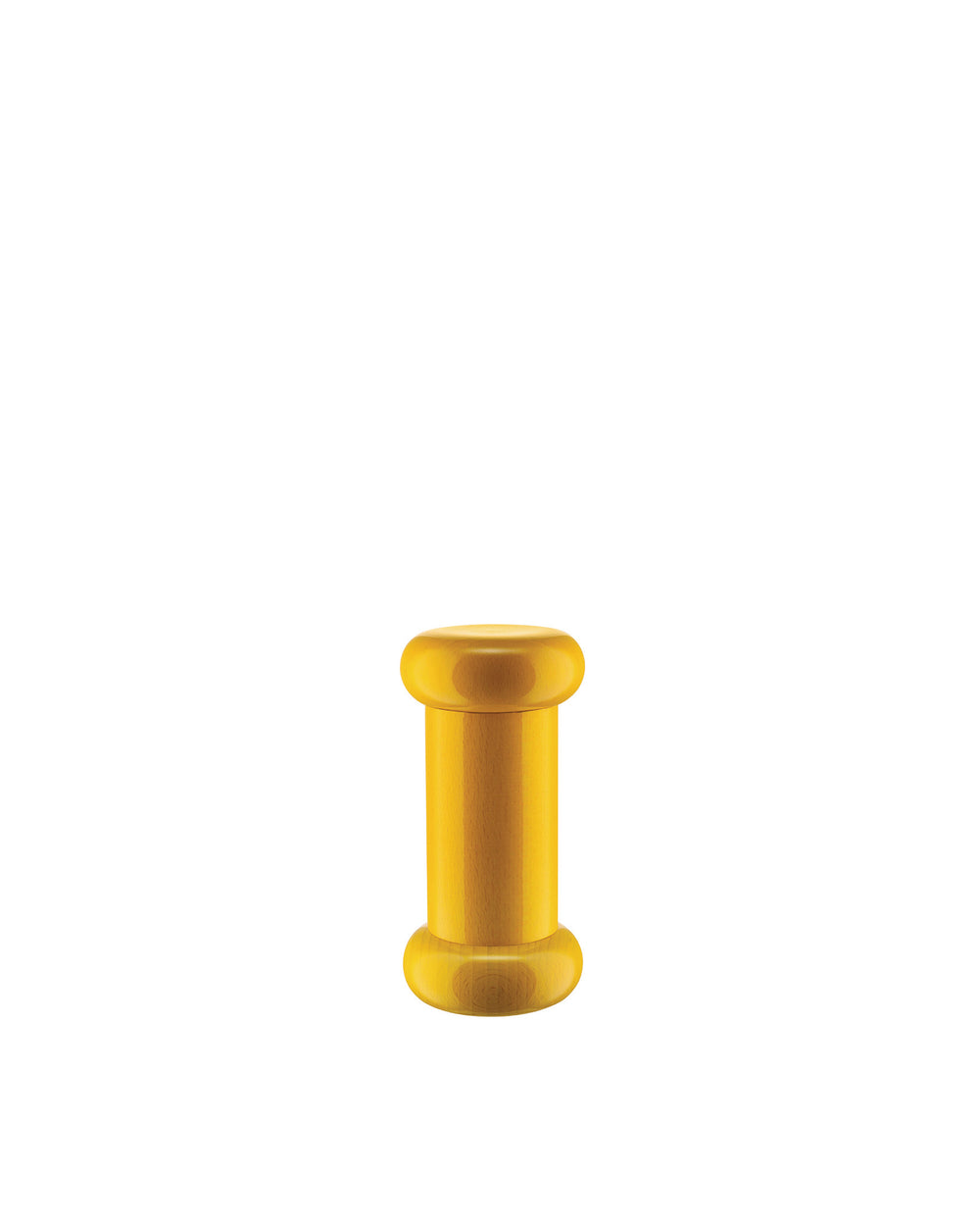 Yellow wooden bobbin-shaped object by Alessi with a smooth finish and subtle wood grain.