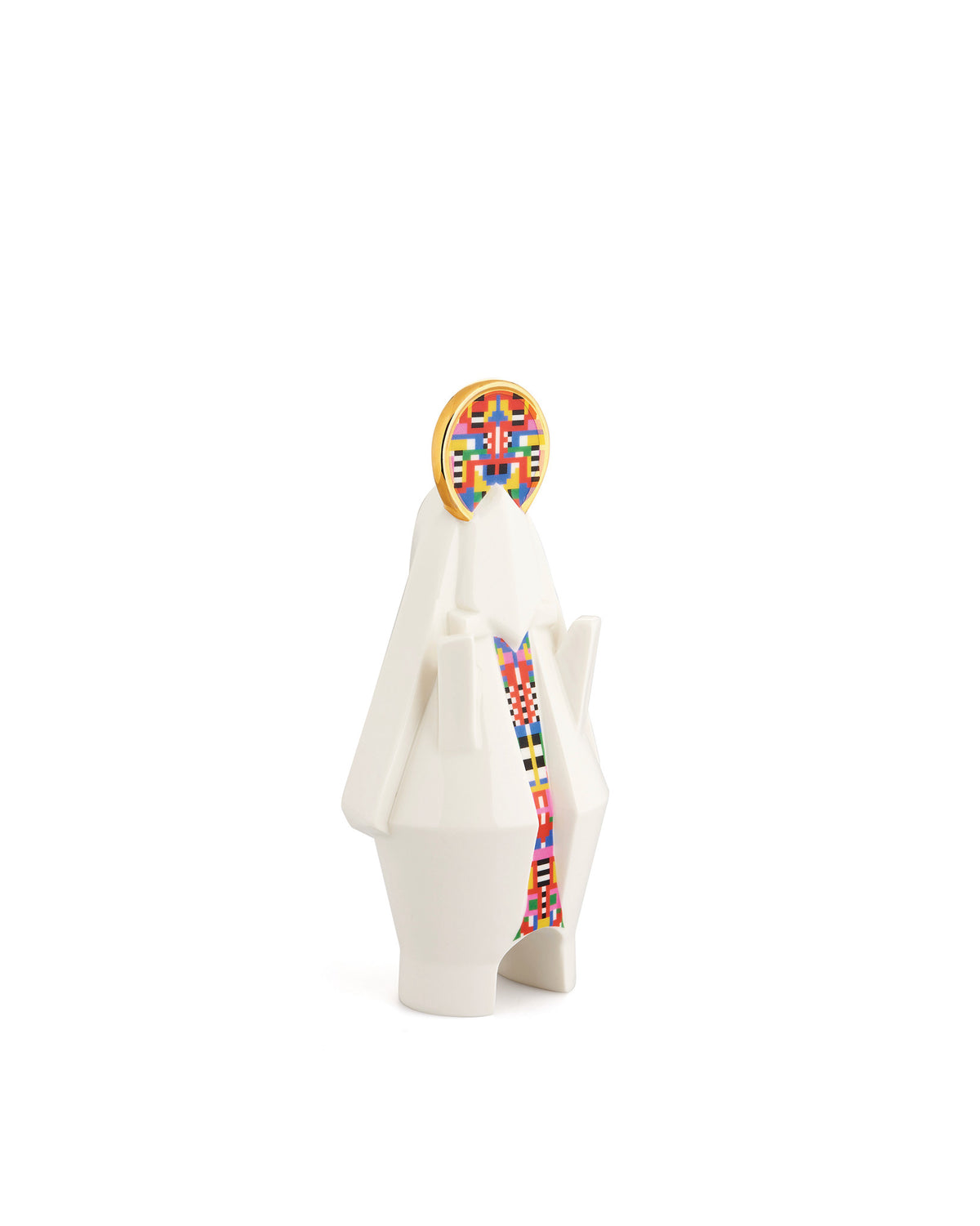 White faceted Mary statuette by Alessi with a gold halo and colorful pixelated patterns.