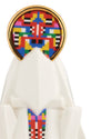 White Holyhedrics Mary figurine by Alessi, featuring a gold-trimmed multi-color pixelated geometric pattern.