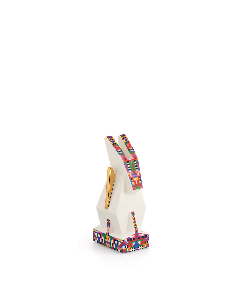 White geometric donkey by Alessi with colorful pixelated ears, back, and base, featuring a gold accent.