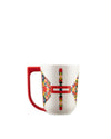 White ceramic mug by Alessi with a red handle and colorful pixelated geometric patterns.