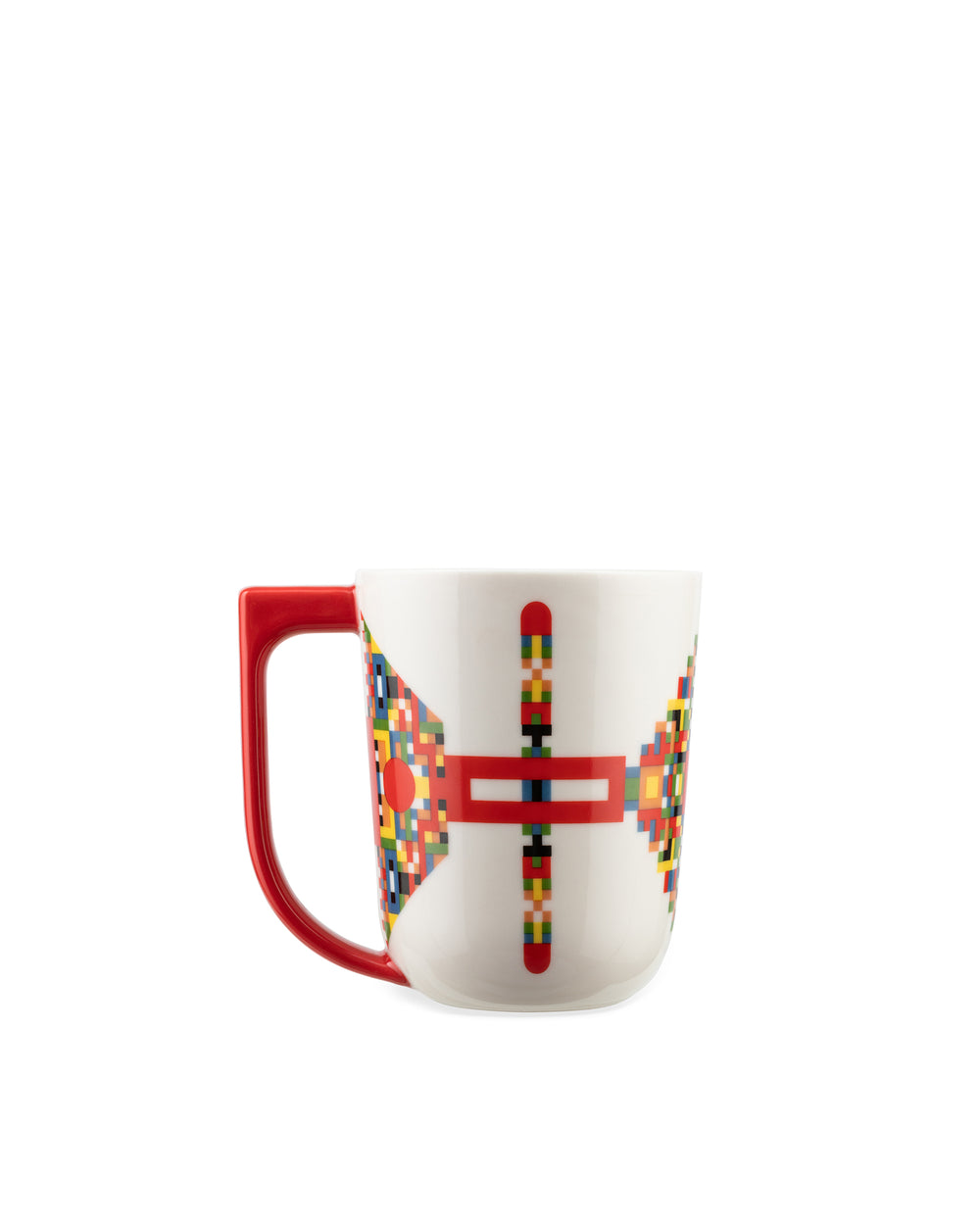 White ceramic mug by Alessi with a red handle and colorful pixelated geometric patterns.