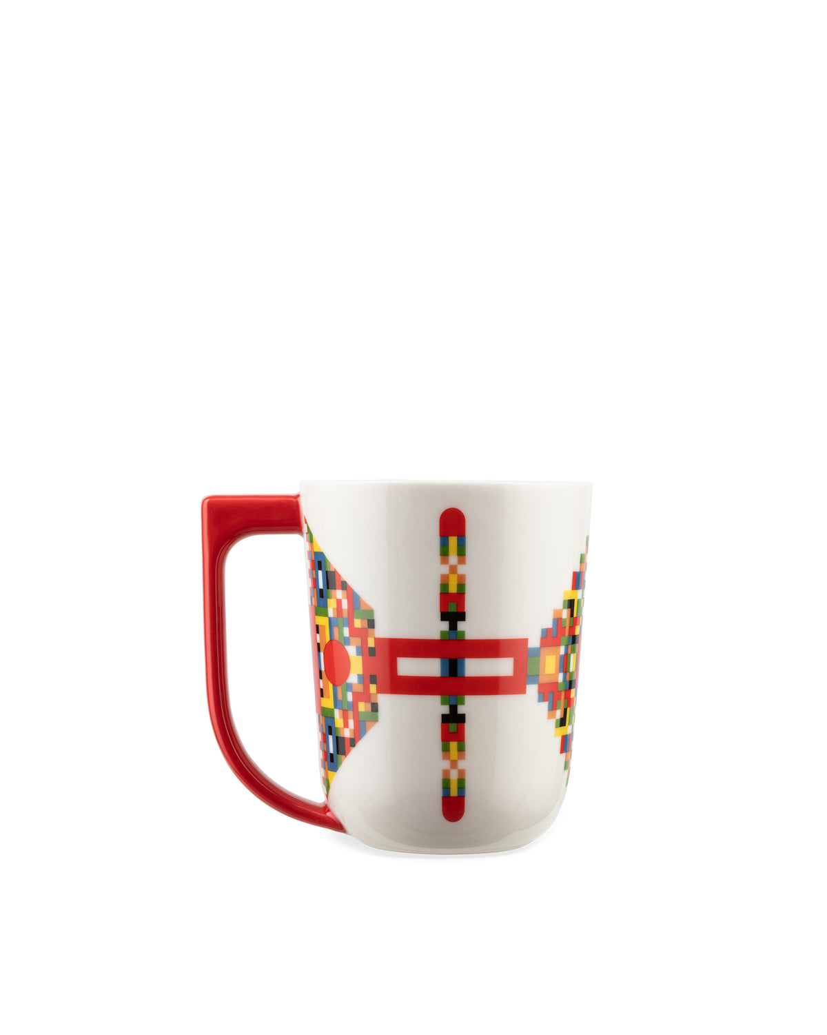 White ceramic mug by Alessi with a red handle and colorful pixelated geometric patterns.