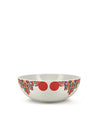 White ceramic bowl by Alessi with a colorful geometric pixel pattern and two central red circles.