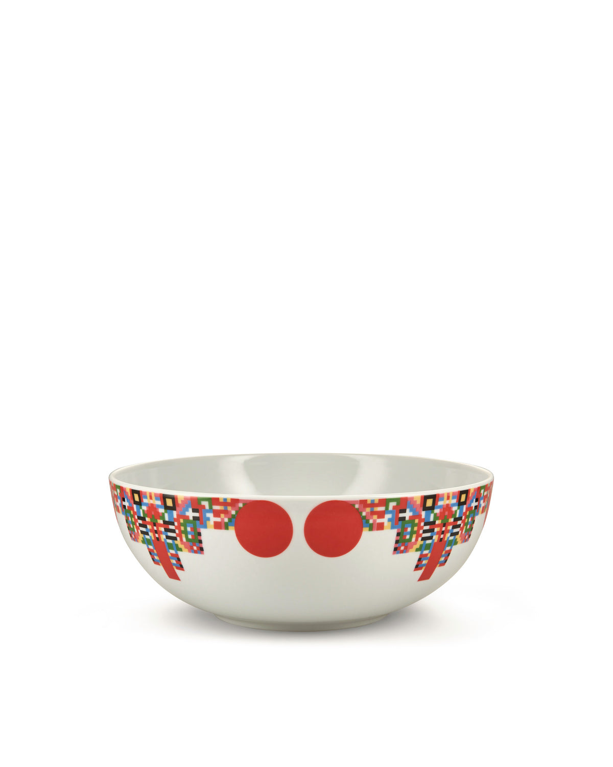 White ceramic bowl by Alessi with a colorful geometric pixel pattern and two central red circles.