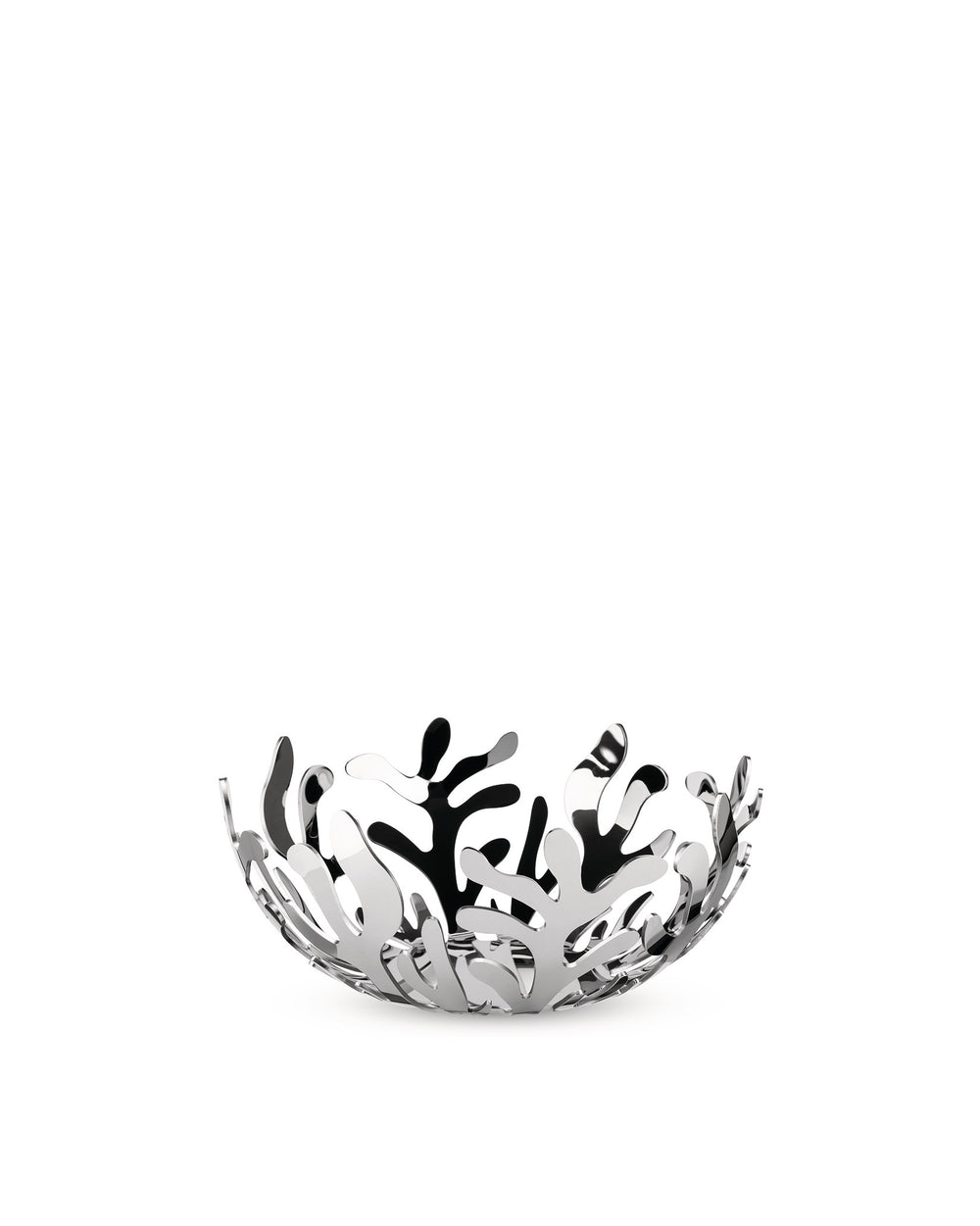 Silver metal decorative bowl by Alessi with an intricate coral-like cut-out pattern.