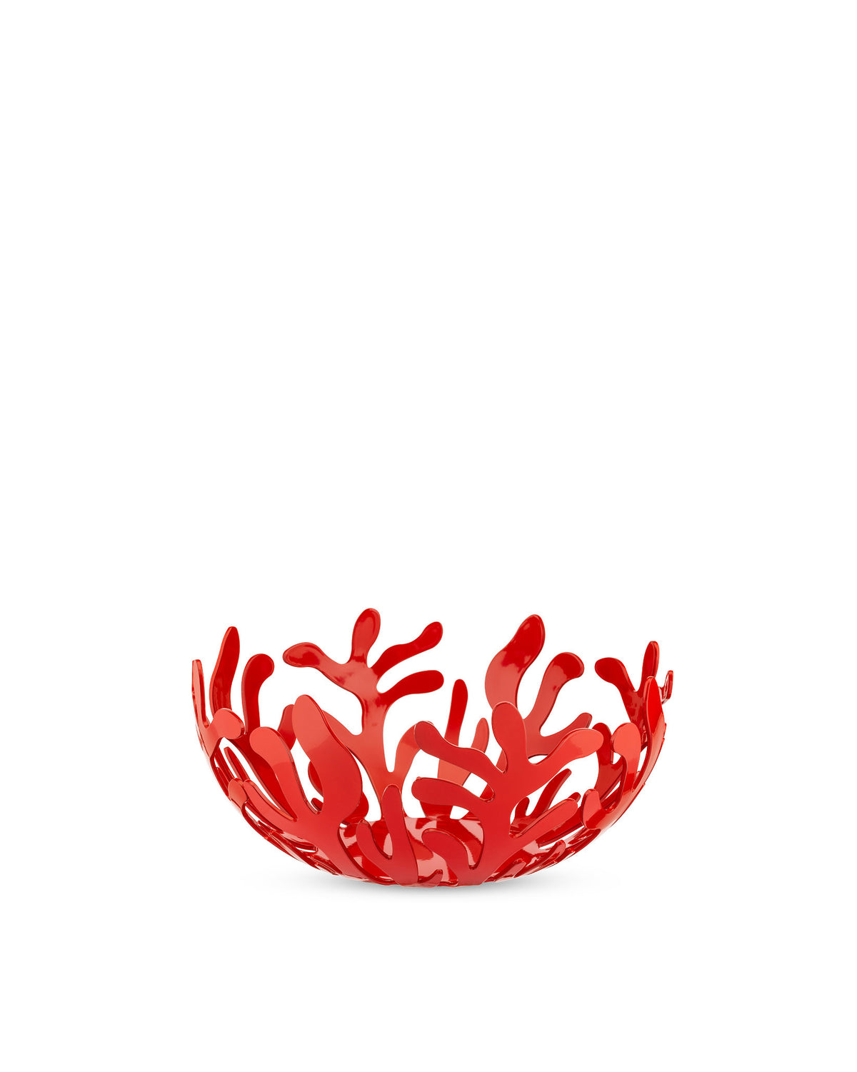 Red openwork decorative bowl by Alessi, featuring an intricate coral-like design with a glossy finish, front view.