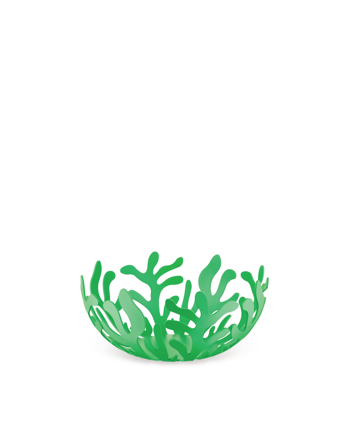 Green openwork fruit bowl by Alessi, featuring a delicate coral-like branch design.