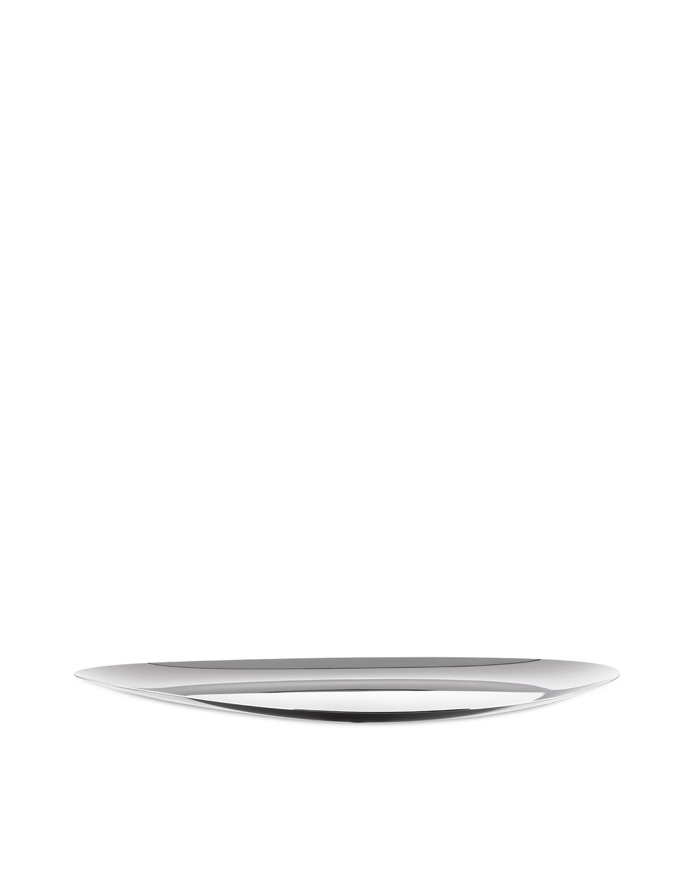 Silver metal serving platter by Alessi, with a sleek, reflective finish and curved edges.