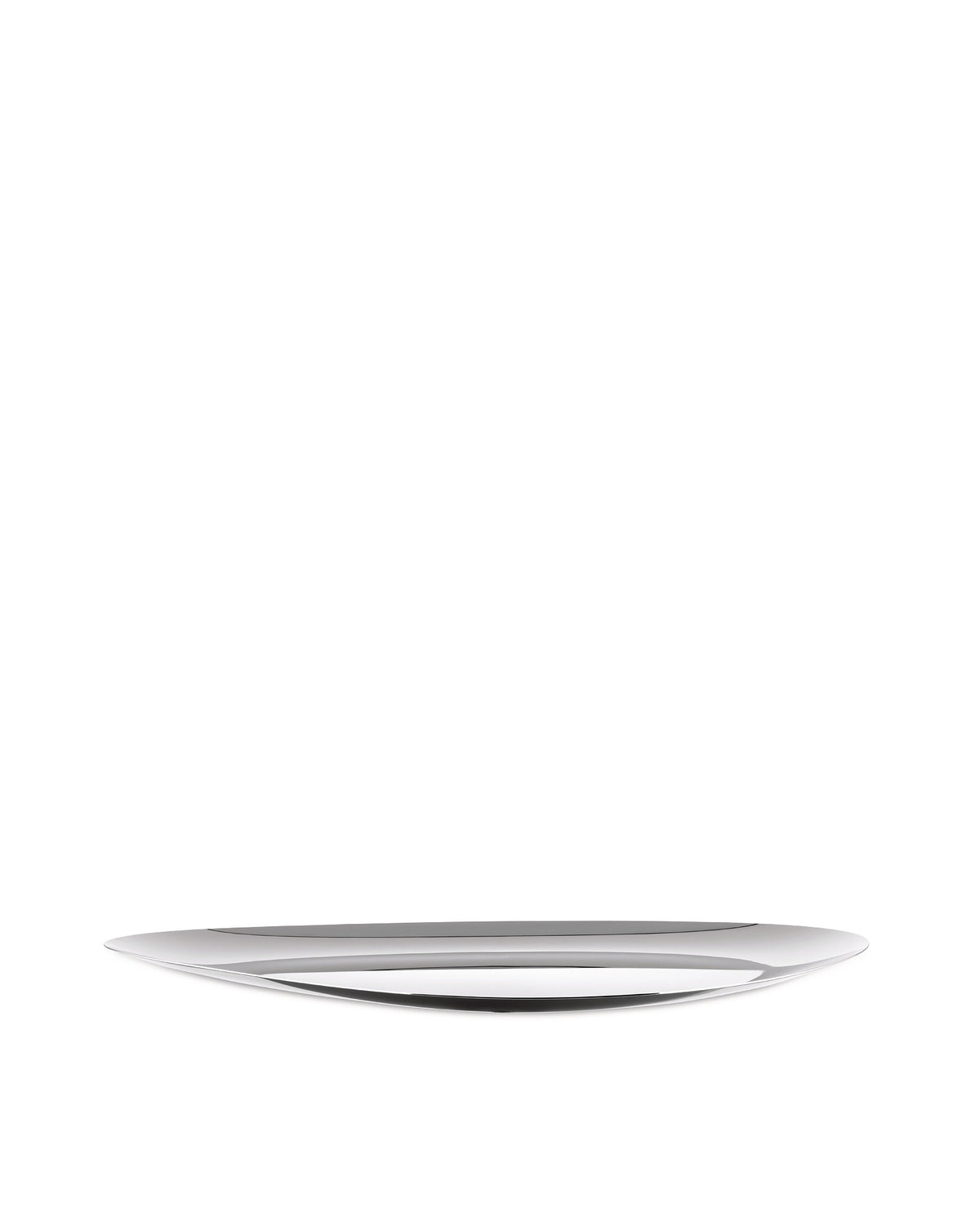 Silver metal serving platter by Alessi, with a sleek, reflective finish and curved edges.