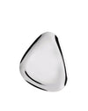 Small silver polished metal serving dish by Alessi, with a smooth organic triangular shape and reflections.