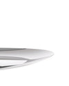 Sleek silver serving plate by Alessi, with a highly reflective surface and gently curved edge.