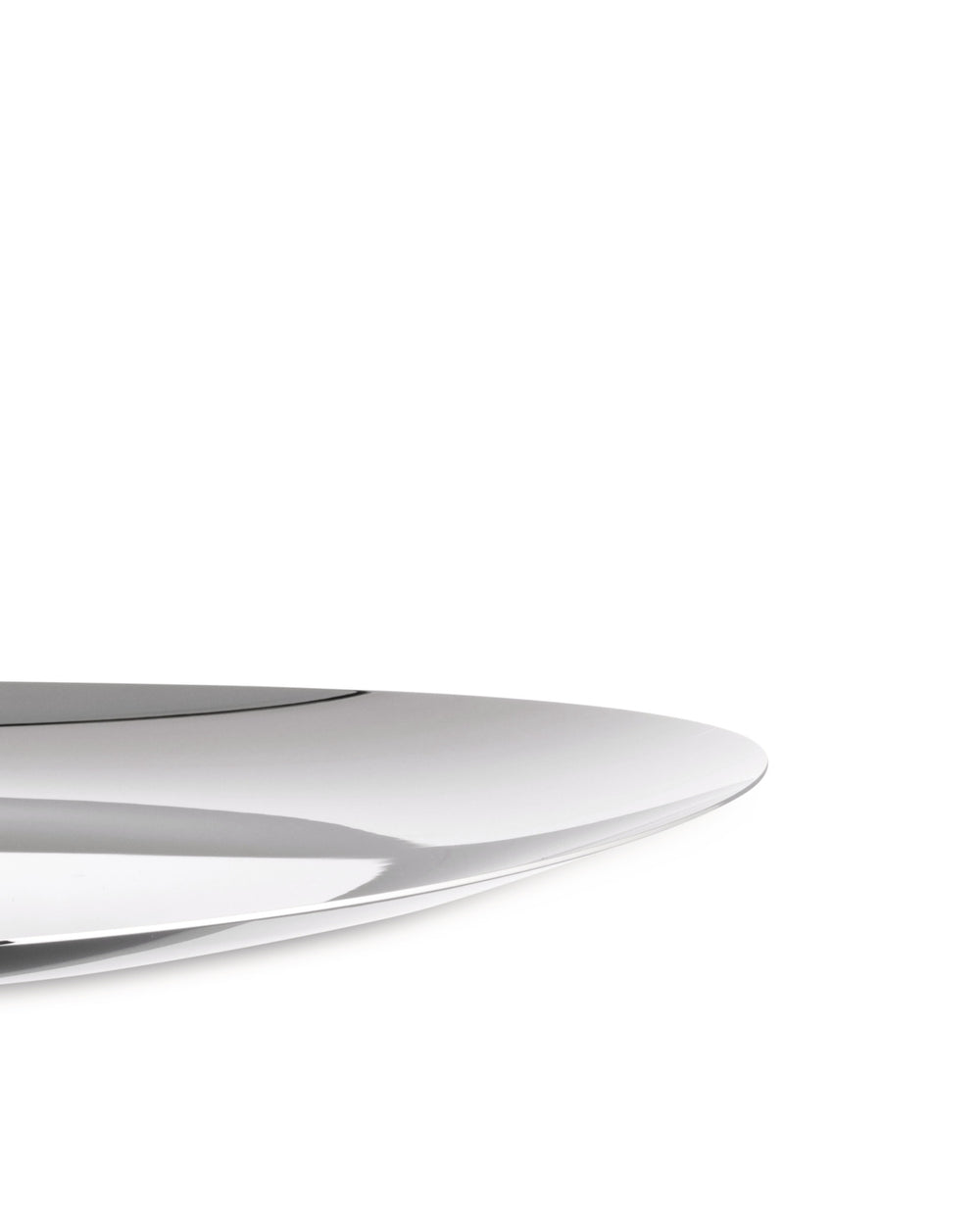 Sleek silver serving plate by Alessi, with a highly reflective surface and gently curved edge.