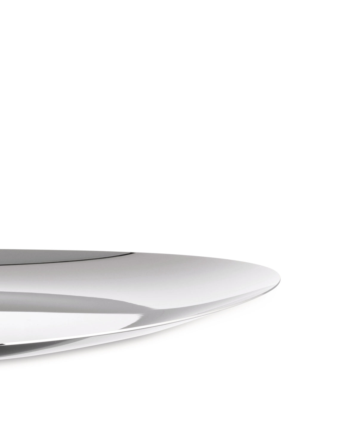 Sleek silver serving plate by Alessi, with a highly reflective surface and gently curved edge.