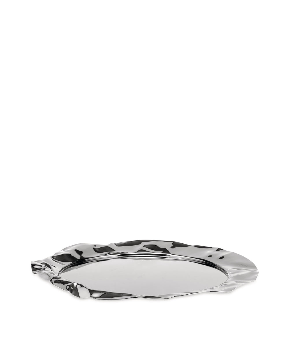 Silver polished metal oval tray by Alessi, with a wavy organic edge and highly reflective surface.
