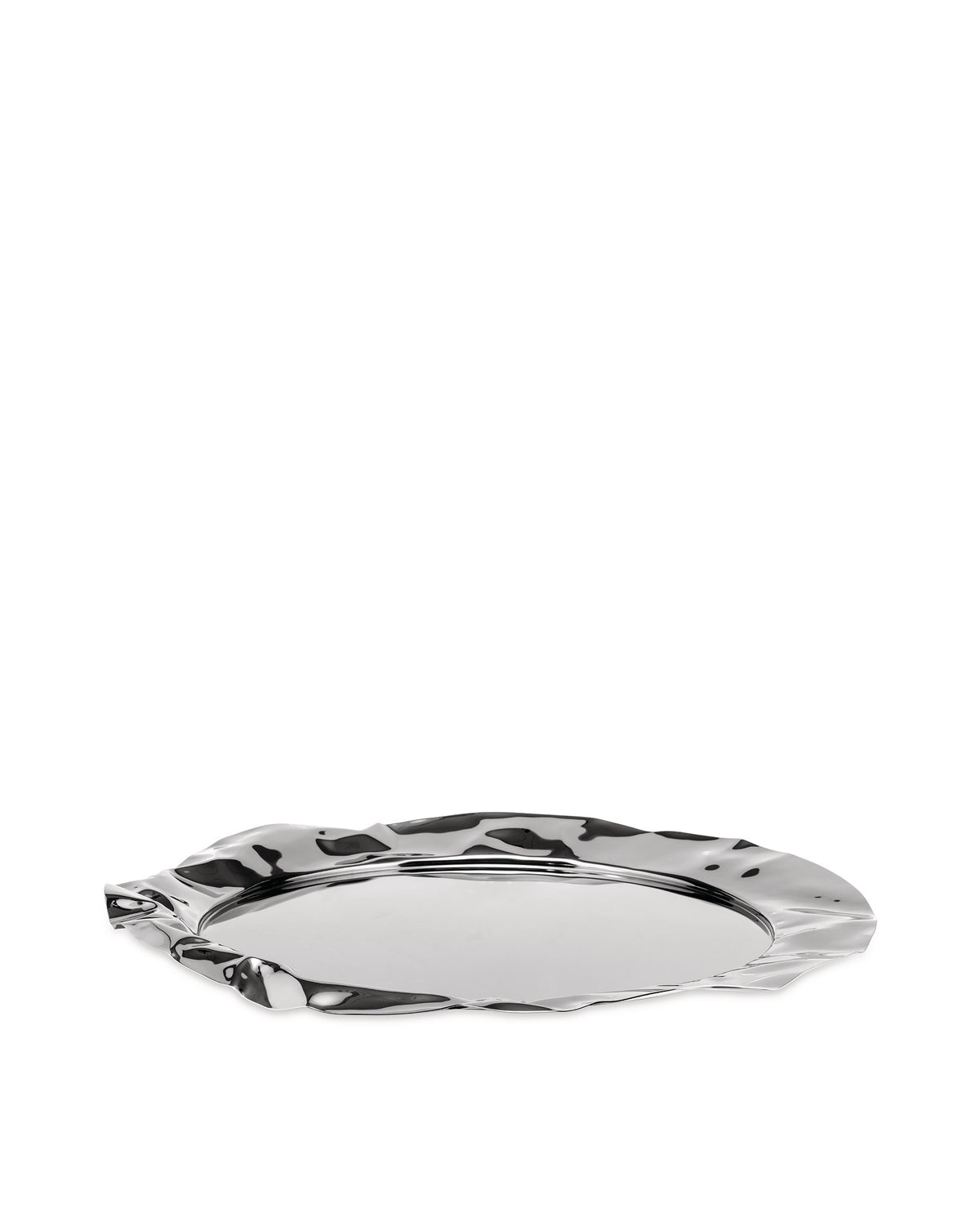 Silver polished metal oval tray by Alessi, with a wavy organic edge and highly reflective surface.