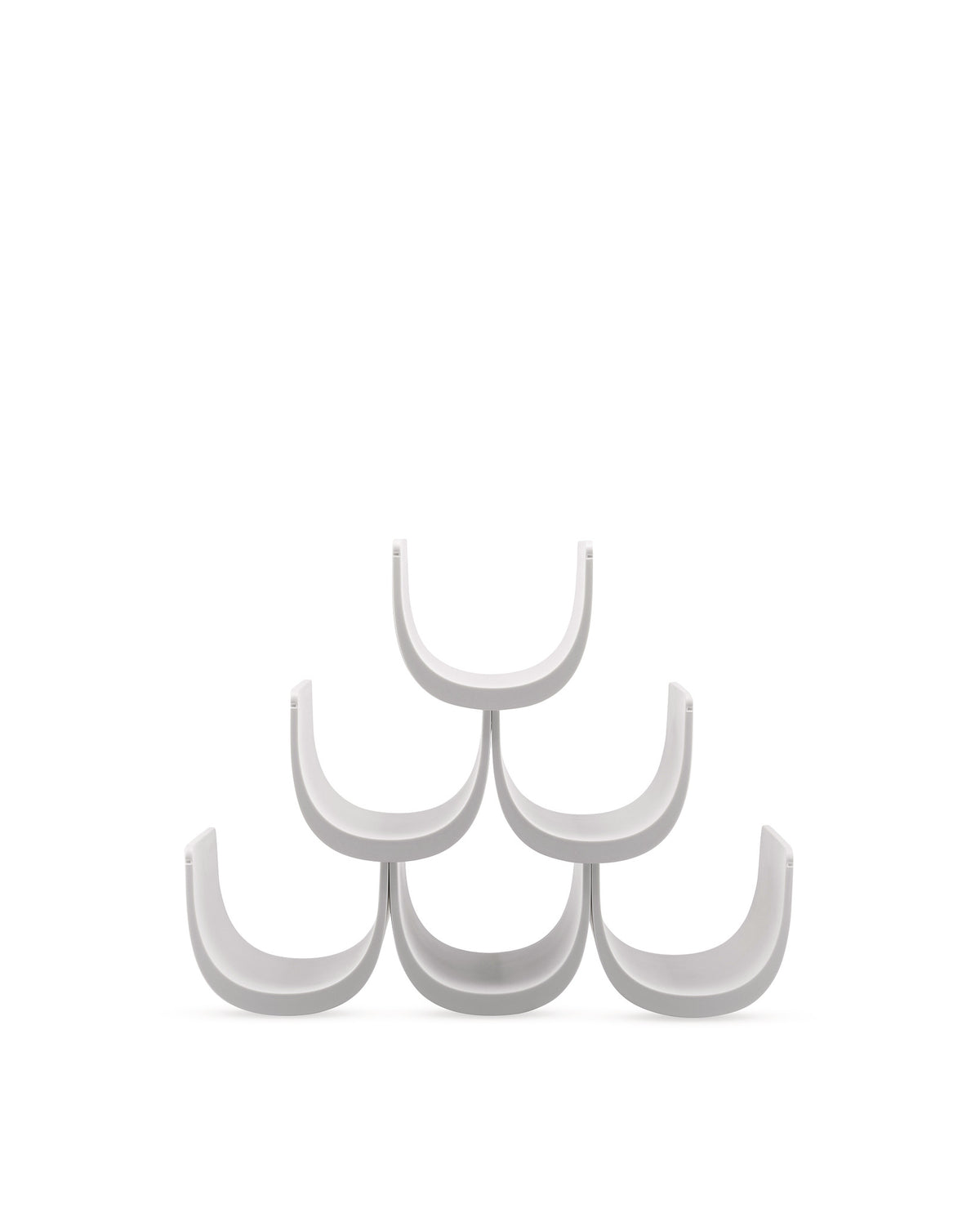 Light grey modular wine rack by Alessi, arranged in a pyramid shape on a white background.