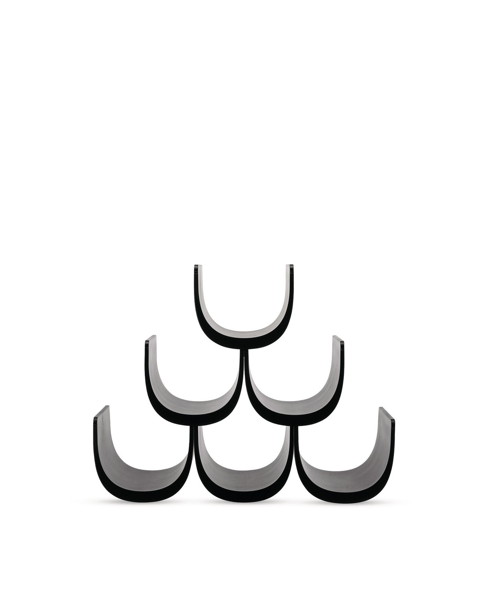 Black and gray modular wine rack by Alessi, forming a pyramid of six bottle compartments on white.