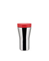 Silver metal travel mug by Alessi with a red lid featuring embossed branding on the front.