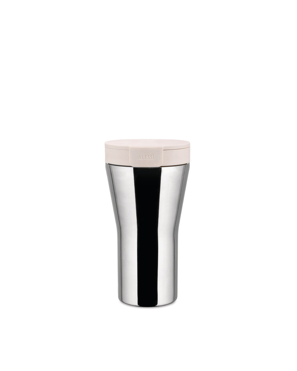 Stainless steel travel mug by Alessi with a light beige lid featuring the Alessi logo, shown frontally.
