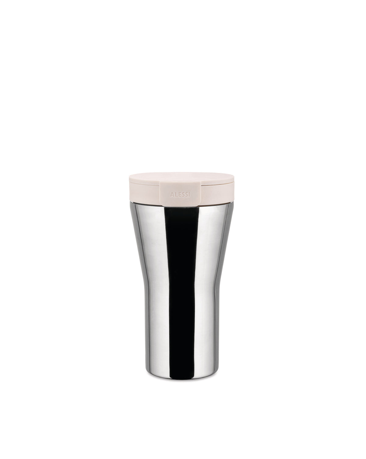 Stainless steel travel mug by Alessi with a light beige lid featuring the Alessi logo, shown frontally.