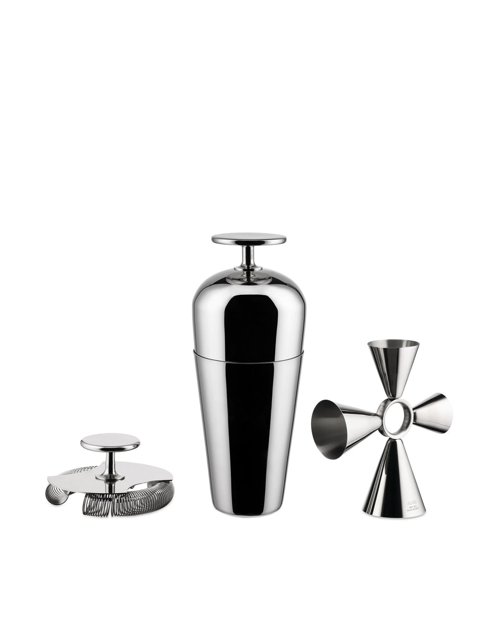 A polished stainless steel cocktail bar tool set by Alessi, featuring a shaker, strainer, and jigger, presented upright.
