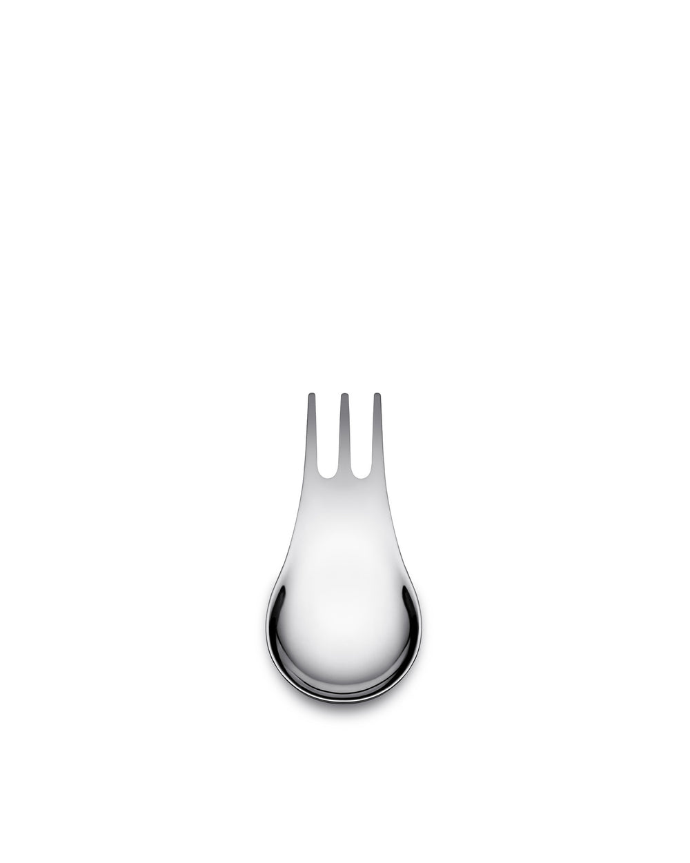 Silver Moscardino spork by Alessi, with a polished teardrop handle and three prongs.