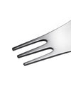 Polished metal three-pronged fork by Alessi, featuring wide flat tines and reflective edges.