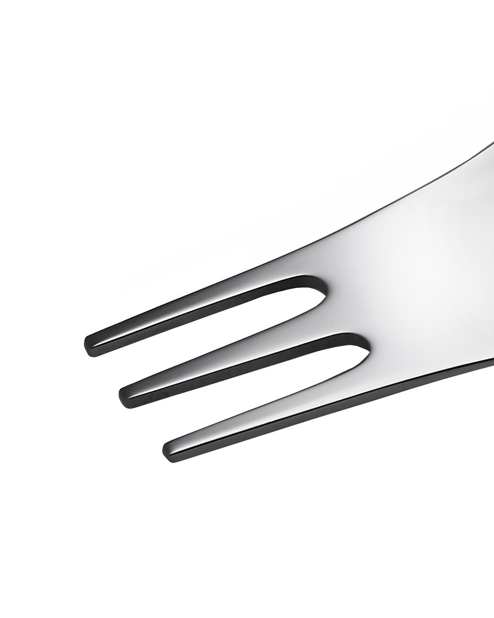 Polished metal three-pronged fork by Alessi, featuring wide flat tines and reflective edges.