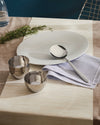 Stainless steel Mami serving spoon by Alessi, with a shiny finish, resting on a white plate and striped blue napkin, next to two small silver bowls.