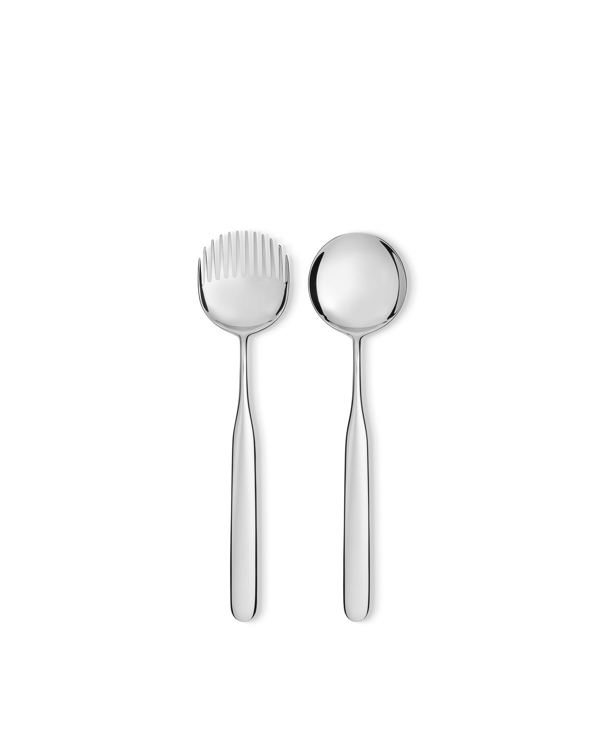 Silver stainless steel serving set by Alessi, featuring a fork and spoon with sleek, tapered handles.