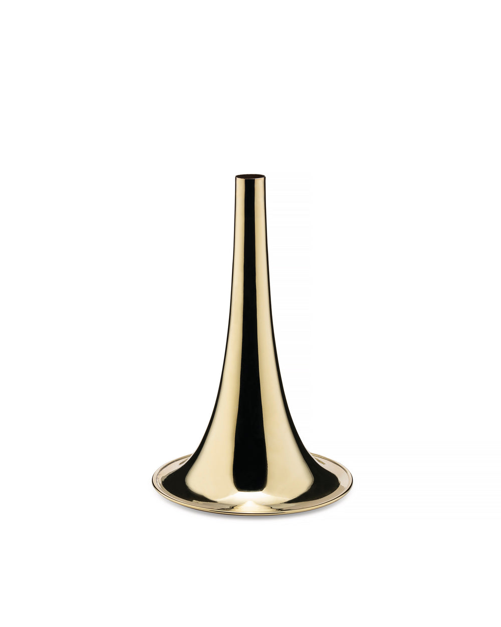 Golden trumpet vase by Alessi featuring a high-polish, reflective finish against a white background.